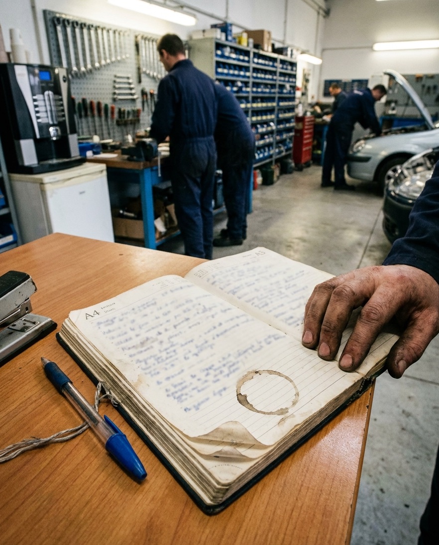 Un carnet de rendez-vous ouvert sur le comptoir du garage, un stylo attaché à une ficelle, une main tachée posée sur la page.