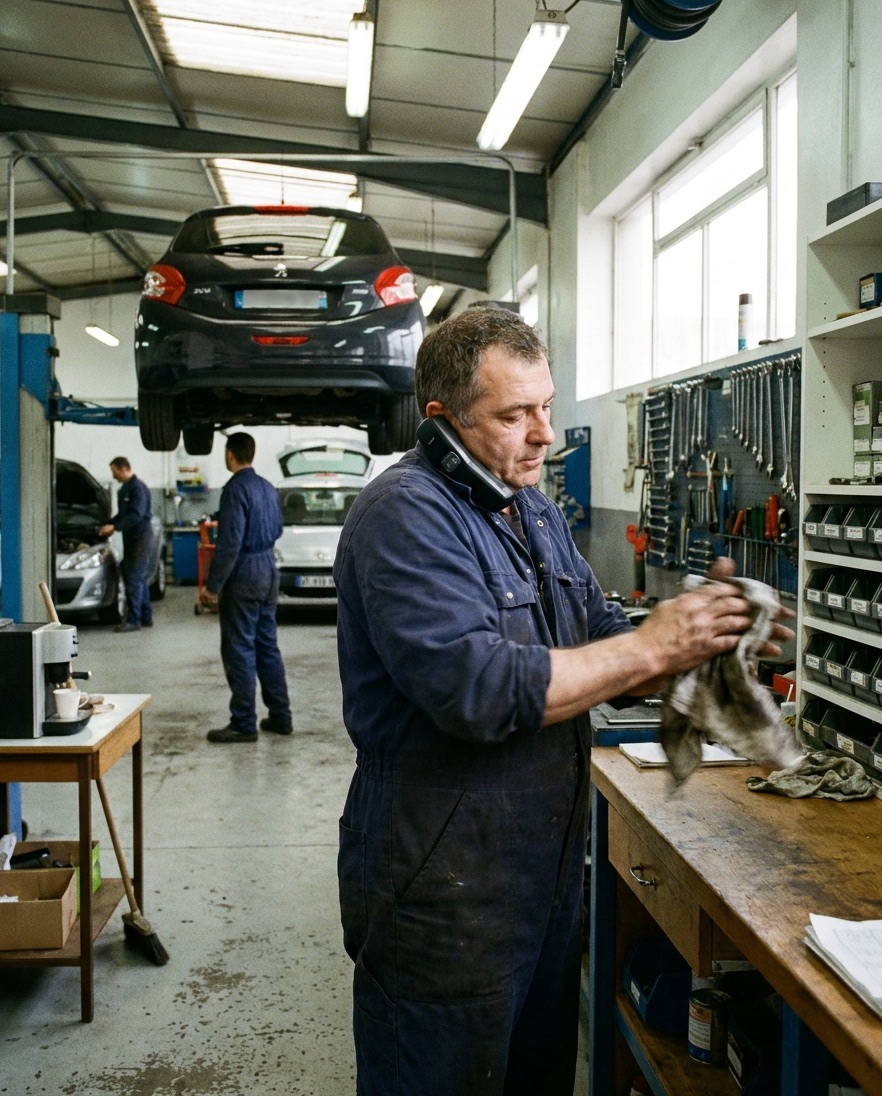 Le patron du garage au comptoir, le téléphone coincé contre l'épaule, s'essuie les mains pendant l'appel ; une voiture est sur le pont derrière lui.